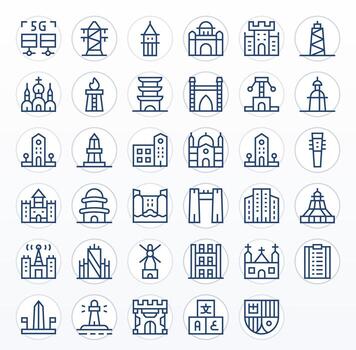 35 Icons for Tower featuring High Resolution Display Perfect Regular Line Graphics vector
