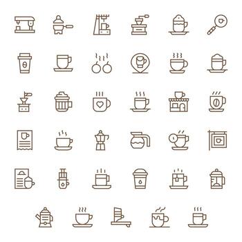 Café exprés 256x256 icono paquete con 35 regular línea píxel alineado elementos vector