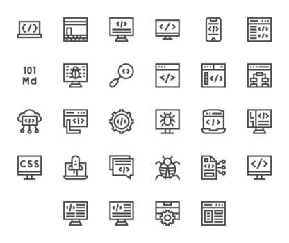 codificación escalable conjunto presentando 28 monitor Perfecto negrita línea 64 x 64 íconos vector
