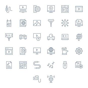 32 Thin Line Icons for Multimedia in crisp High Resolution Pixel Optimized resolution vector
