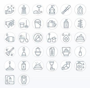 32 High Resolution Thin Line Icons for Sanitation with Pixel Aligned precision vector