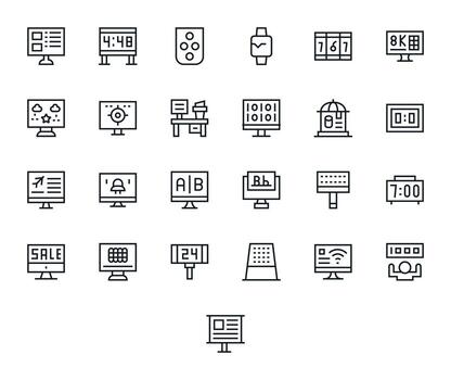 digital monitor visual paquete conteniendo 25 regular línea píxel Perfecto íconos vector