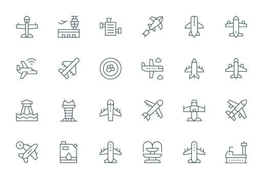 Jet Icon Set with 24 Thin Line High Resolution Editable Graphics vector