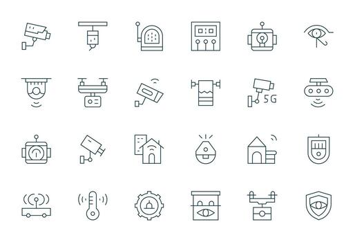 24 High Resolution Thin Line Icons for Monitoring System with Pixel Optimized precision vector