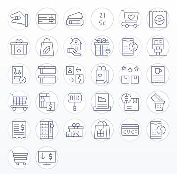 compra presentando 32 alto resolución íconos en Delgado línea diseño vector