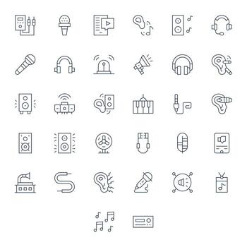 32 Detail Enhanced Icons themed around Audio in High Resolution Thin Line format vector