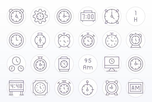 Digital Clock Display Perfect Set with 24 64x64 Thin Line Icons vector