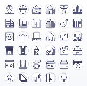 35 regular línea píxel optimizado vectores para edificio tema