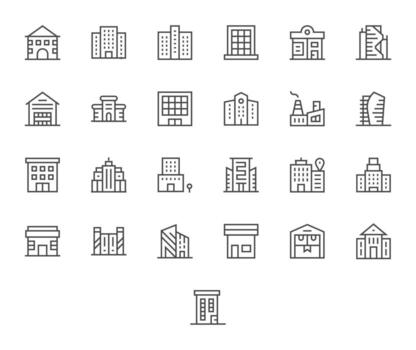 Regular Line Pixel Aligned Icons from Commercial Building Set with 25 128x128 Icons vector