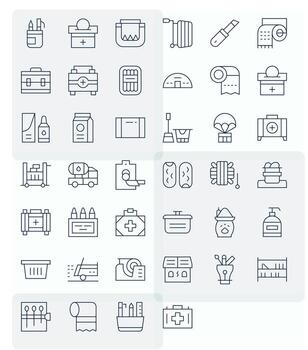 40 Grid Fitted Icons themed around Supplies in High Resolution Thin Line format vector