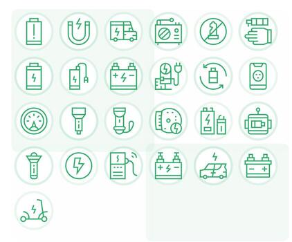 25 Pixel Optimized 64x64 Icons for Battery in elegant Regular Line design vector