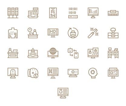 25 PIXEL Perfect Icons themed around Computer in 256x256 Regular Line format vector