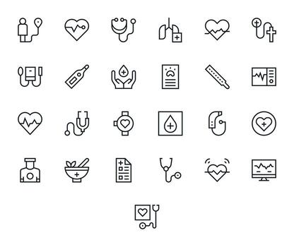 25 Icons for Vital optimized in Editable 256x256 Regular Line resolution vector