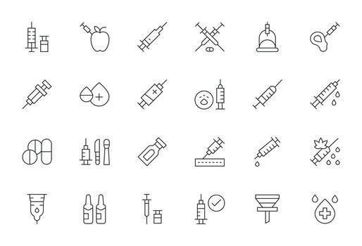Thin Line Pixel Aligned Icons from Syringe Set with 24 High Resolution Icons vector