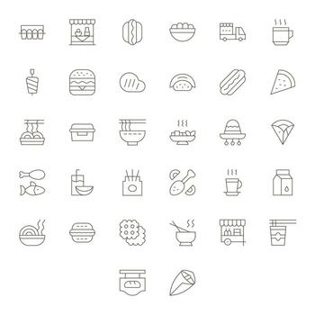 32 High Resolution Icons for Lunch in PIXEL Perfect Thin Line Format vector