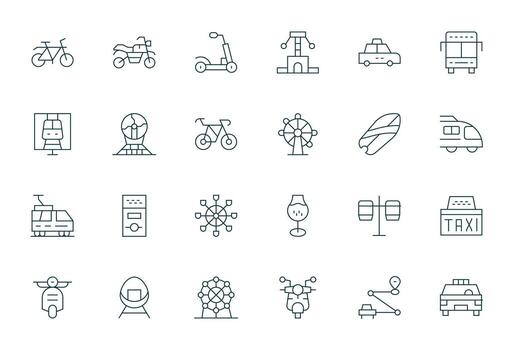 Ride Scalable Set featuring 24 Grid Fitted Thin Line High Resolution Icons vector