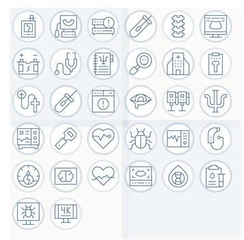 Diagnostic Scalable Set featuring 32 Grid Fitted Thin Line High Resolution Icons vector
