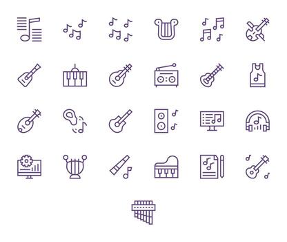 25 Regular Line Pixel Aligned Icons tailored for Tune 256x256 interface vector