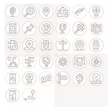 Map Scalable Set featuring 32 PIXEL Perfect Thin Line Retina Ready Icons vector