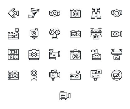 25 Display Perfect Icons themed around Camera in 64x64 Regular Line format vector