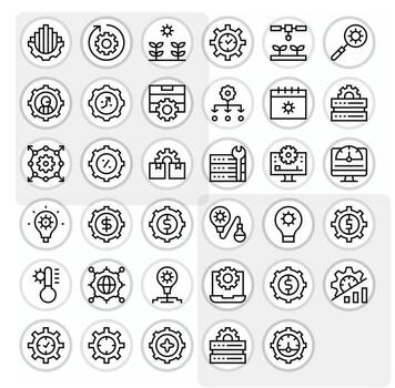 Optimization Design Icons featuring 35 Grid Fitted Regular Line Style vector