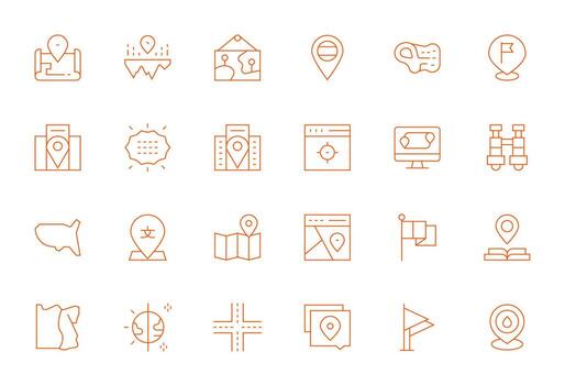 24 PIXEL Perfect Icons themed around Geographical in 128x128 Thin Line format vector