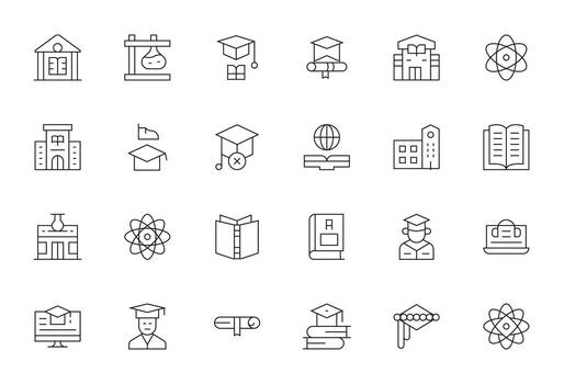 Universidad icono conjunto con 24 Delgado línea 64 x 64 píxel optimizado gráficos vector
