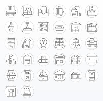 almacén presentando 32 alto resolución íconos en Delgado línea diseño vector
