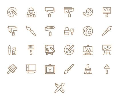 25 Icons inspired by Painting in PIXEL Perfect High Resolution Regular Line quality vector