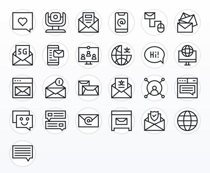 Digital Communication Pixel Aligned Set with 25 64x64 Regular Line Icons vector
