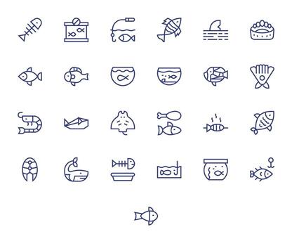 Fish Icon Toolkit featuring 25 Pixel Optimized High Resolution Regular Line elements vector