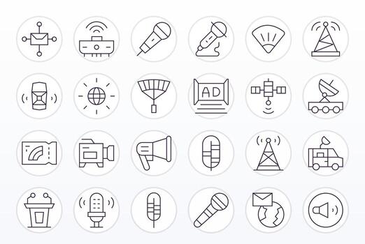 24 Thin Line Icons for Broadcasting in crisp Retina Ready Pixel Optimized resolution vector