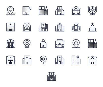 Regular Line Style Medical Center Icons with 25 256x256 Pixel Optimized Designs vector