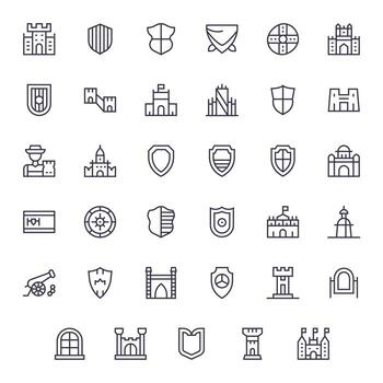 35 PIXEL Perfect Icons themed around Fortress in High Resolution Regular Line format vector