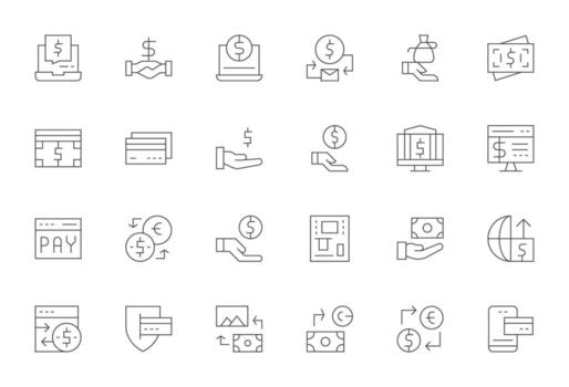 Money Transfer Scalable Set featuring 24 Pixel Optimized Thin Line 64x64 Icons vector