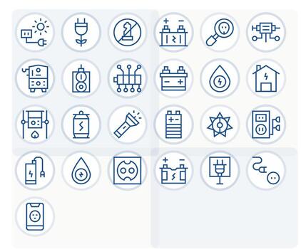 25 PIXEL Perfect 64x64 Icons for Power Source in elegant Regular Line design vector