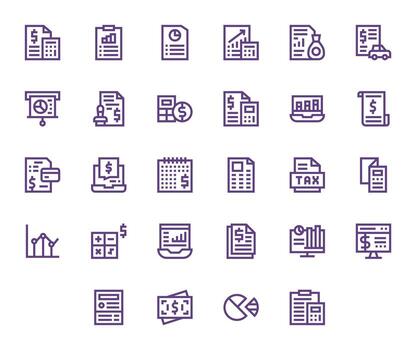 28 Pixel Aligned 128x128 Icons for Financial Report in elegant Bold Line design vector