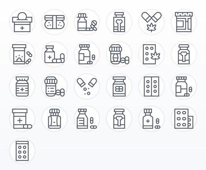 Pills Icon Toolkit featuring 25 Grid Fitted Retina Ready Regular Line elements vector