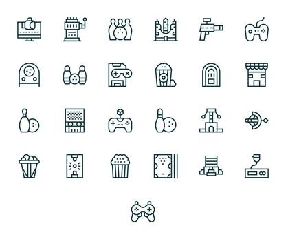 Arcade Design Icons featuring 25 Display Perfect Regular Line Style vector