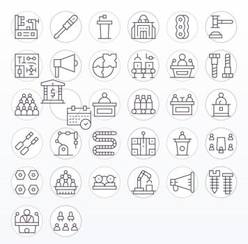 Assembly Icon Repository containing 32 Thin Line 64x64 Editable graphics vector
