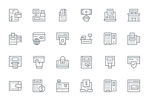 débito tarjeta escalable conjunto presentando 24 editable Delgado línea retina Listo íconos vector