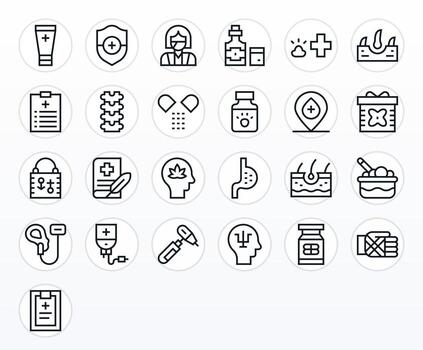 Treatment Icon Set with 25 Regular Line High Resolution Grid Fitted Graphics vector
