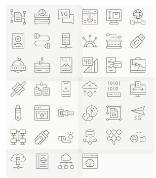 Delgado línea cuadrícula equipado íconos desde datos transferir conjunto con 40 256x256 íconos vector