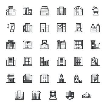 Skyscraper Icon Arsenal with 35 64x64 Regular Line Pixel Optimized designs vector
