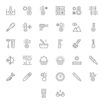 32 Thin Line Pixel Aligned Icons tailored for Thermometer 128x128 interface vector