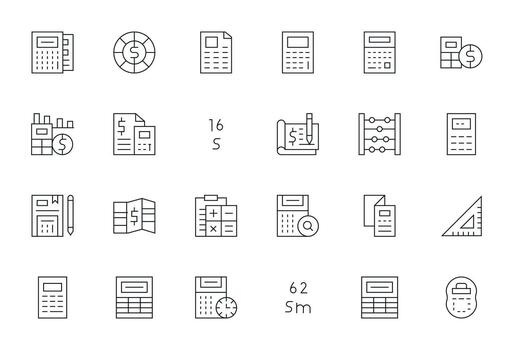 Delgado línea estilo cálculo íconos con 24 alto resolución editable diseños vector