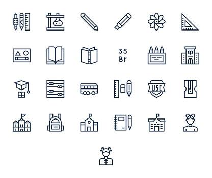 School Icon Set with 25 Regular Line 128x128 Grid Fitted Graphics vector