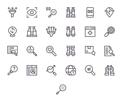 Search Icon Toolkit featuring 25 PIXEL Perfect High Resolution Regular Line elements vector