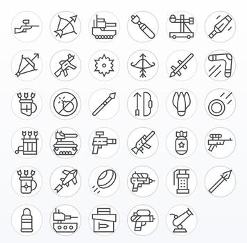 Regular Line PIXEL Perfect Icons from Projectile Set with 35 128x128 Icons vector