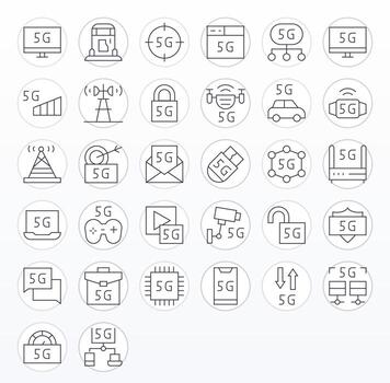 5G Scalable Set featuring 32 Editable Thin Line High Resolution Icons vector